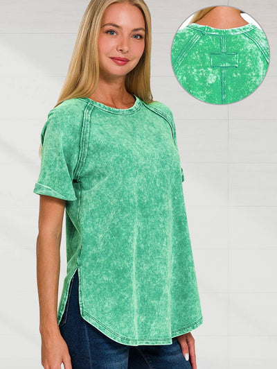 Kelly Green French Terry Vintage Wash Raglan Casual Top
