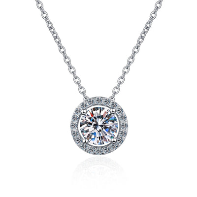 Four-Prong Moissanite Halo Necklace in 925 Sterling Silver: 2.0 ct