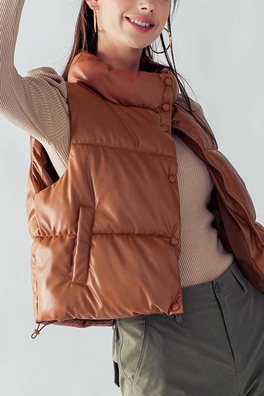 CAMEL STAND COLLAR RELAXED CROPPED PUFFER VEST