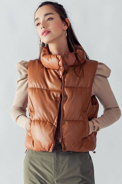 CAMEL STAND COLLAR RELAXED CROPPED PUFFER VEST