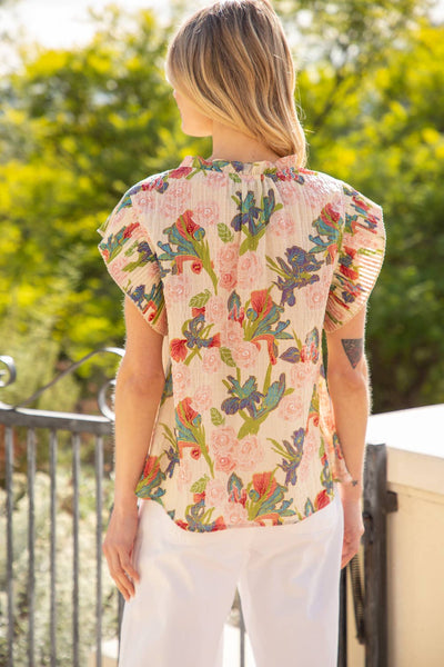 Pleated Sleeve Ruffle Neck Floral Top