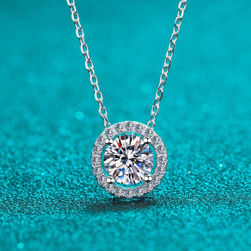 Four-Prong Moissanite Halo Necklace in 925 Sterling Silver: 2.0 ct