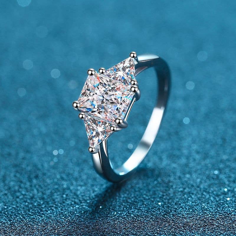 Three Stone Moissanite Engagement Ring in Sterling Silver