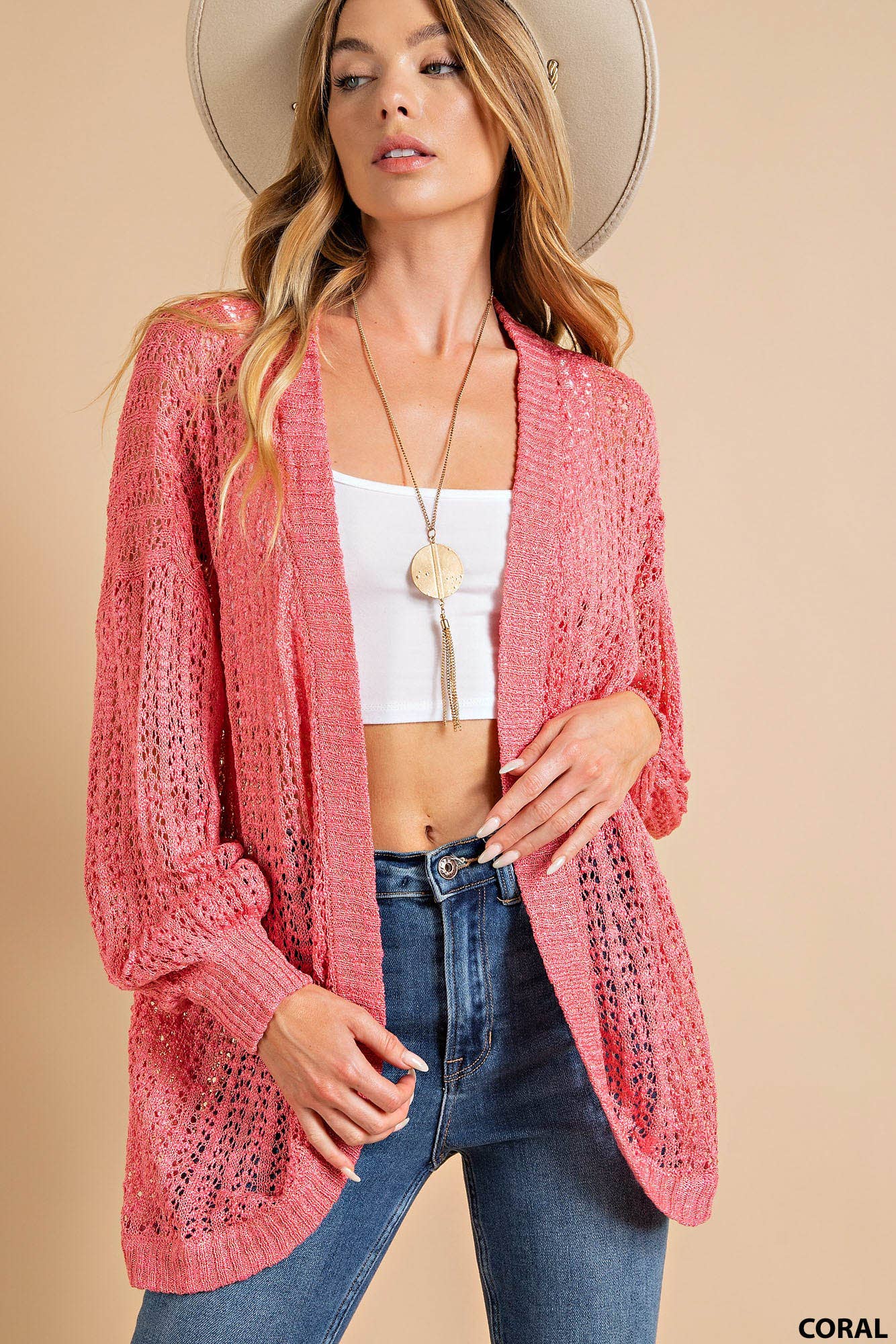 Coral Fall lightweight open-front cardigan